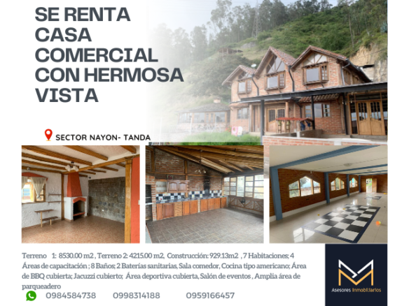 Casa comercial en renta en Tanda Quito con salón de eventos
